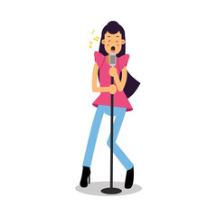 Young brunette woman singing with microphone cartoon character vector Illustration