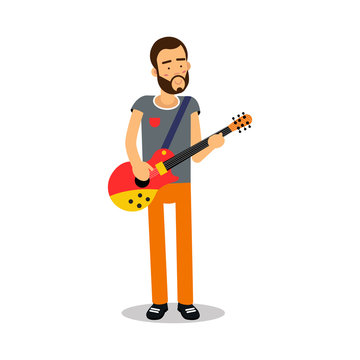 Bearded man playing guitar during concert cartoon character vector Illustration