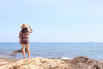 Beautiful girl in vacation time at sea. Soft light, Soft focus. Pastel or Vintage style.