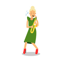 Young woman in green dress playing sax cartoon character, saxophone player vector Illustration