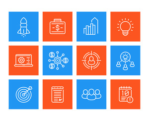 startup line icons set, product launch, funding, contract, ipo, initial capital, target audience