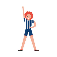 Fototapeta premium Smiling sports fan girl wearing referee uniform cartoon character, sport team support vector Illustration
