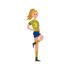 Fototapeta na wymiar Smiling girl wearing uniform with number three print cartoon character, sport team support vector Illustration