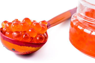 Red salmon caviar in glass. Sea food. Healthy eating.