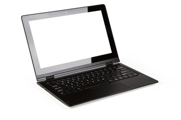 Black glossy notebook with white empty screen, isolated on white background with clipping path