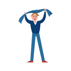 Happy sports fan in blue supporting his team with a blue scarf cartoon character vector Illustration