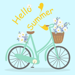 Fototapeta premium Banner, card with the bike, basket and a bouquet of white daisies wild flowers, a welcome text, blue background.