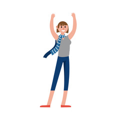 Smiling sports fan girl in a blue scarf supporting her team with a blue scarf cartoon character vector Illustration