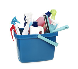 A bucket full with cleaning products