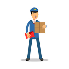 Postman in blue uniform with red bag holding cardboard box cartoon character, express delivery mail vector Illustration