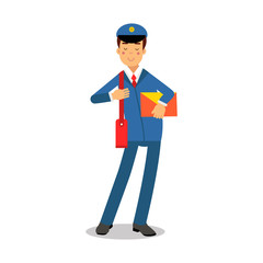 Cheerful postman in blue uniform with red bag holding yellow envelope cartoon character, express delivery mail vector Illustration