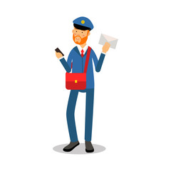 Postman with a red beard in blue uniform delivering letter cartoon character, express delivery mail vector Illustration