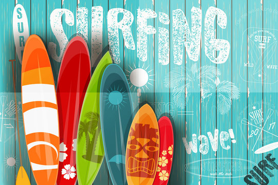 Surfing Retro Poster on Blue Wooden Background