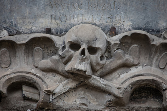 Relief on facade of old building, skull ornament