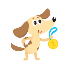 Cute little dog, puppy character, champion holding golden winner medal, cartoon vector illustration isolated on white background. Little baby dog, puppy champion holding medal for taking first place
