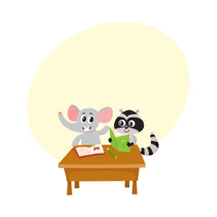 Cute elephant and raccoon student characters sitting at school desk, reading, cartoon vector illustration with space for text. Little elephant and raccoon students, back to school concept