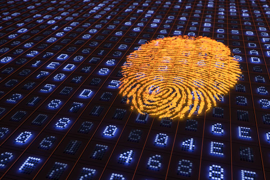 Fingerabdruck als Identitaet im Netz. 3D gerenderte Matrix in blau mit einem orangefarbenem Fingerabdruck.