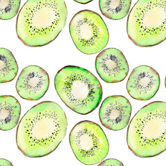 Fototapeta premium Bright ripe tasty delicious beautiful tropical summer desert kiwi fruit chopped and sliced pattern watercolor hand illustration. Perfect for menu, textile, greetings cards