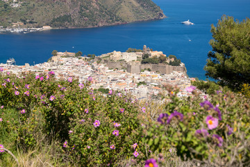 Lipari from above with shrubs of Cistus in the foreground