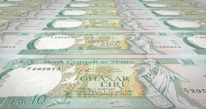 Series of banknotes of ten maltese liras or  liri of the Central Bank of Maltarolling on screen, coins of the world, cash money, loop