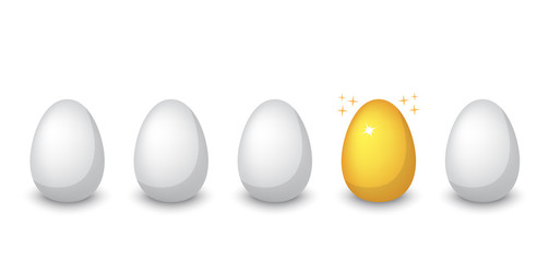A row of ordinary white chicken ti eggs in a row one golden shiny egg