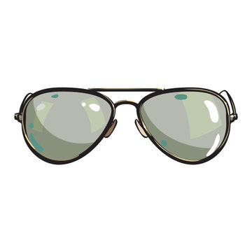 Hand drawn aviator sunglasses in metal frame with green lenses, sketch style vector illustration isolated on white background. Realistic isolated hand drawing of green aviator sunglasses, front view