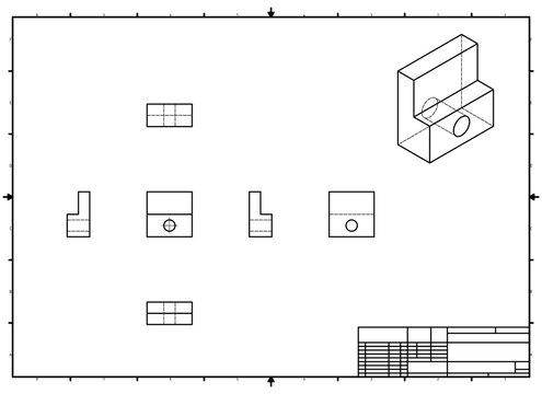 Technical Drawing with perspective and orthogonal views with frame