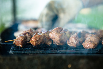 grilled Caucasus barbecue in smoke. Shallow depth of field