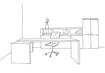 Office in a sketch style. Hand drawn office furniture. Vector illustration.