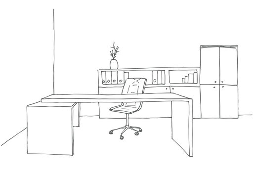 Office in a sketch style. Hand drawn office furniture. Vector illustration.