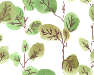 Seamless pattern with thin vertical brown branches and big green leaves painted in watercolor on white isolated background