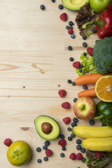 Vegetables and fruits on wood table ,Healthy food concept