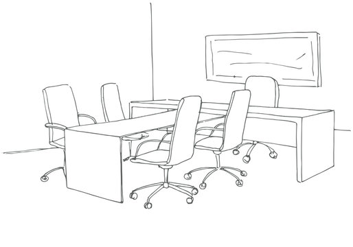 Office in a sketch style. Hand drawn office desk, office chair. Vector illustration.