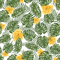 Fotobehang Tropische bladeren en bloemen naadloze patroonachtergrond © AgataCreate