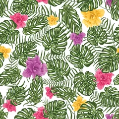 Fotobehang Tropical leafs and flowers seamless pattern background © AgataCreate