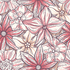 Hand drawn pattern with decorative floral ornament. Stylized colorful flowers. Summer spring neutral background. Vector illustration