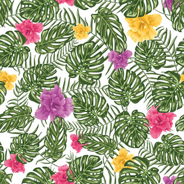 Tropical leafs and flowers seamless pattern background