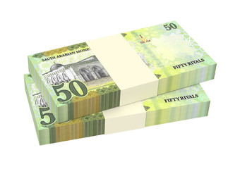 Saudi Arabia rials bills isolated on white background. 3D illustration.