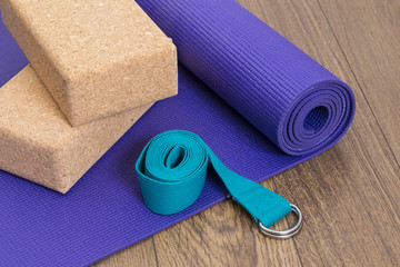 Yoga mat, strap and blocks