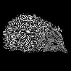 Gray vector hedgehog of beautiful patterns on a black background