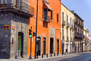 Colonial street in the historic center of Puebla, Mexico