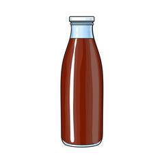 Side view drawing of bottle with chocolate milk, cocoa, sketch vector illustration isolated on white background. Hand drawn closed bottle of chocolate milk