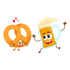Happy aluminium beer mug and salty pretzel characters having fun together, cartoon vector illustration isolated on white background. Funny smiling beer mug and pretzel characters, good company