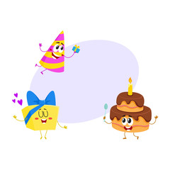 Funny birthday characters - hat, cake, gift box - with smiling human faces, cartoon vector illustration with space for text. Birthday party hat, present, gift and cake characters, mascots