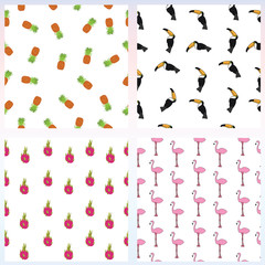 Set of simple seamless pattern with exotic tropical birds and fruits on white background. Hand drawn tropical background