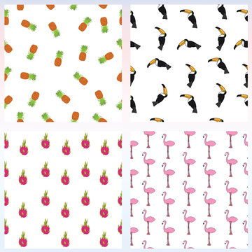 Set of simple seamless pattern with exotic tropical birds and fruits on white background. Hand drawn tropical background