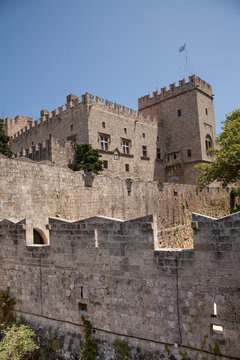 Ruins of the castle and city walls of Rhodes. Defensive Fortress of the Joannites.Historic castle on the shores of the Aegean and Mediterranean.