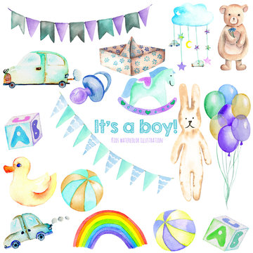 Baby boy shower watercolor elements set (toys, cars, air balloons, rainbow, nipple, flags and other), hand painted isolated on a white background, baby shower invitation and boy birthday