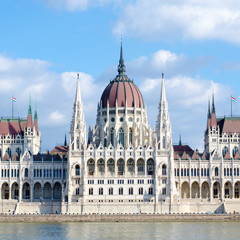 Fototapeta na wymiar Beautiful view of the Parliament on the Danube in Budapest Hungary.