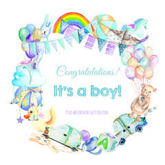 Obraz premium Wreath, frame border from baby boy shower watercolor elements (toys, air balloons, rainbow, nipple, cars and other), hand painted on a white background